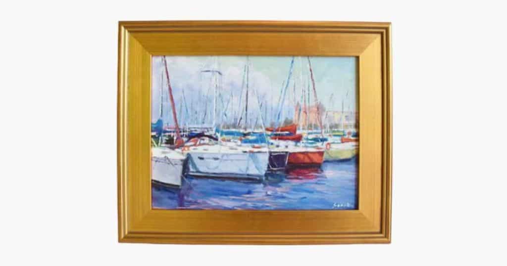 Nautical coastal art sailboats in harbor