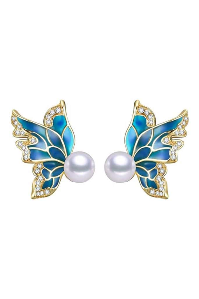 Beachy Jewelry Blue Butterfly Pearl Earrings